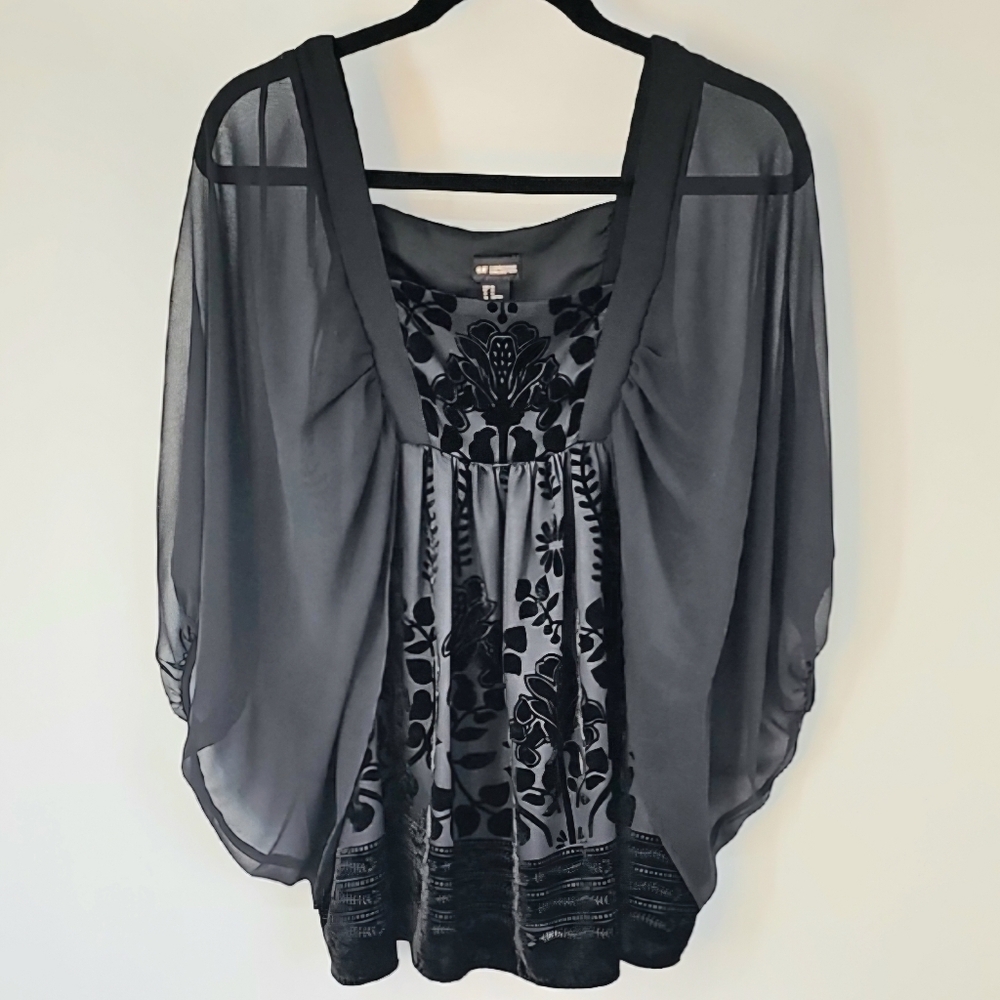 H&M Black Burnout Sheer Balloon Sleeve Empire Waist‎ Whimsigoth Blouse